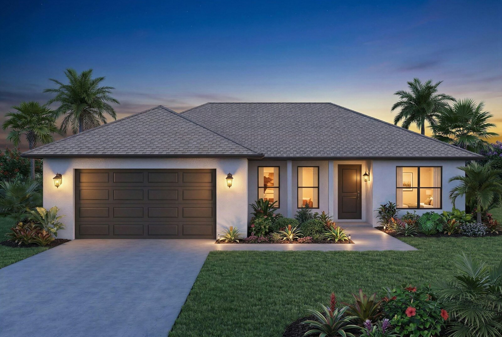 A single-story house with a dark garage door at dusk